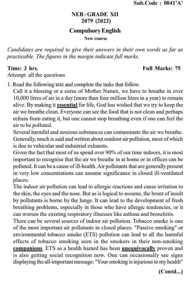 Class 12 English New Course 2079 Question Paper SET B