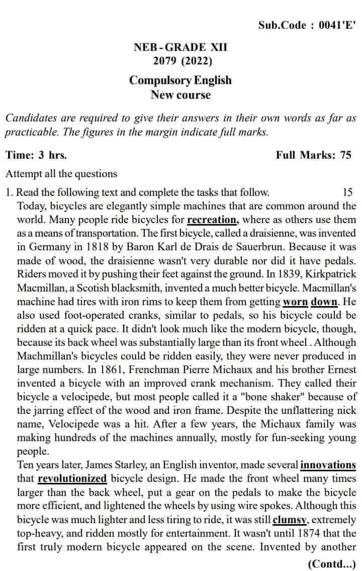 Class 12 English New Course 2079 Question Paper SET E