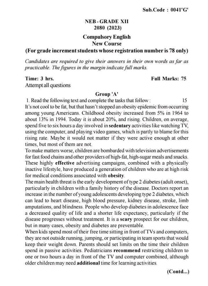 Class 12 English New Course 2080 Question Paper SET G